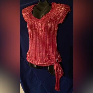 Elegant Red And Gold Shimmer Women's Top With Side Tie